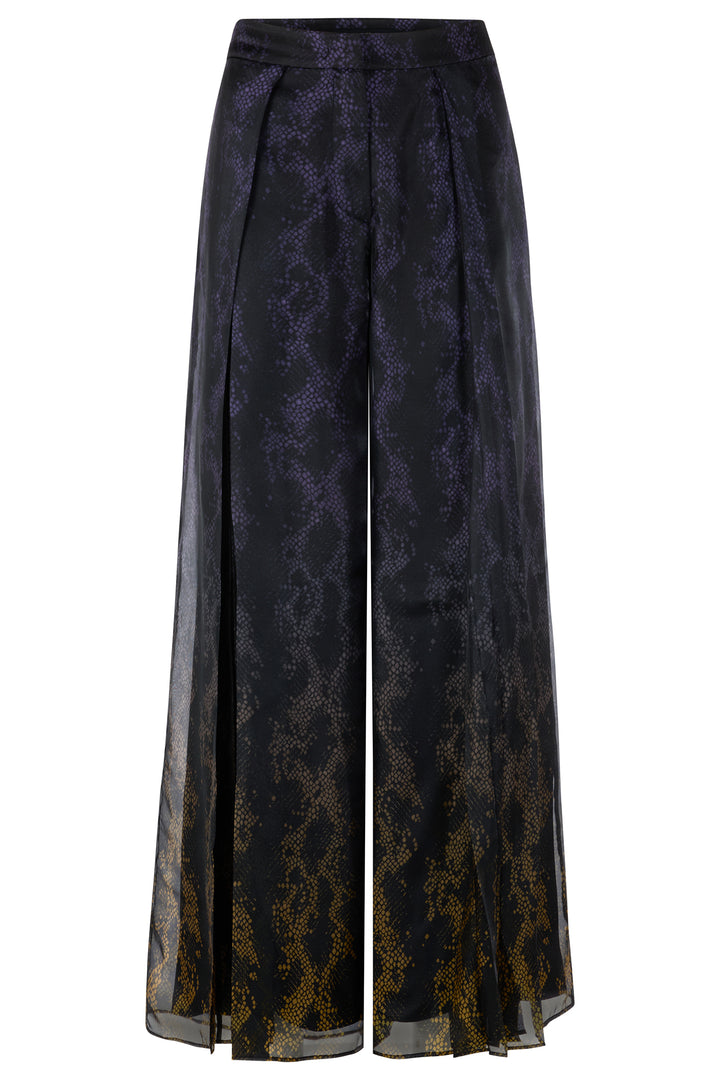 Black and gold patterned wide-leg pants on a white background