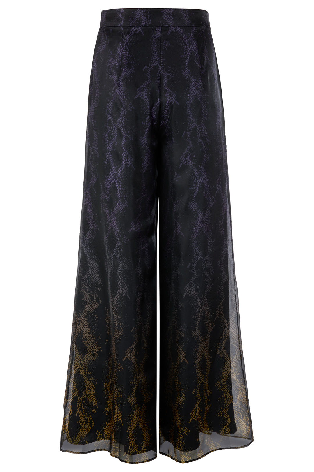 Black and gold patterned wide-leg pants on a white background