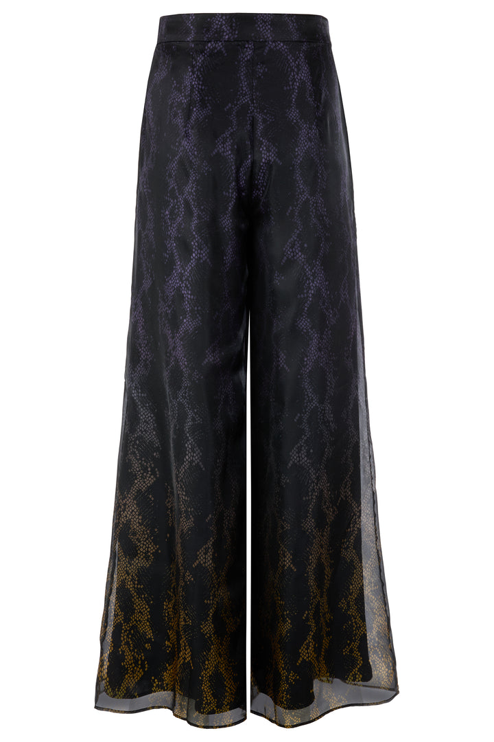 Black and gold patterned wide-leg pants on a white background