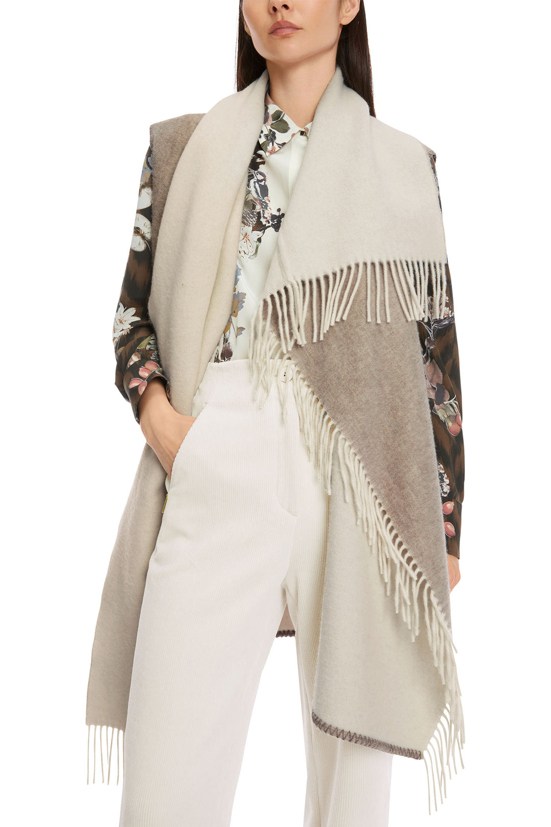 Marc Cain Collection Long Wrap Top Cardigan Rafia Melange Taupe XC 37.06 W01 620 - Olivia Grace Fashion