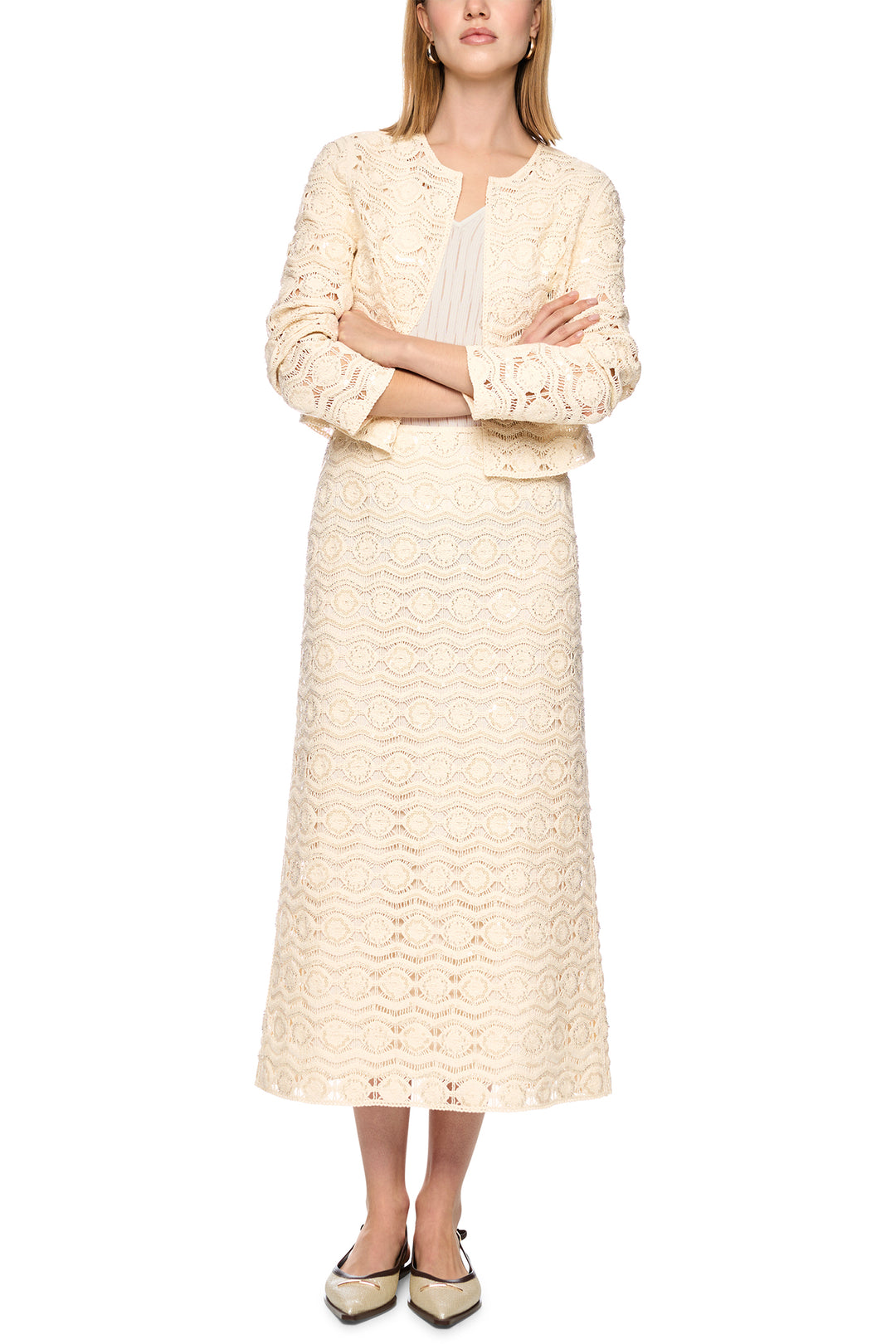 Marc Cain Collections AC 71.29 W74 112 Bright Ecru Openwork Midi Skirt