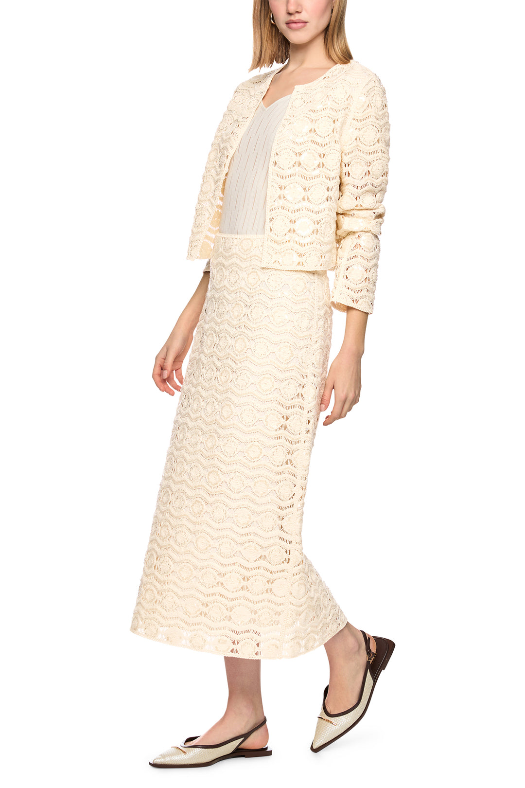 Marc Cain Collections AC 71.29 W74 112 Bright Ecru Openwork Midi Skirt