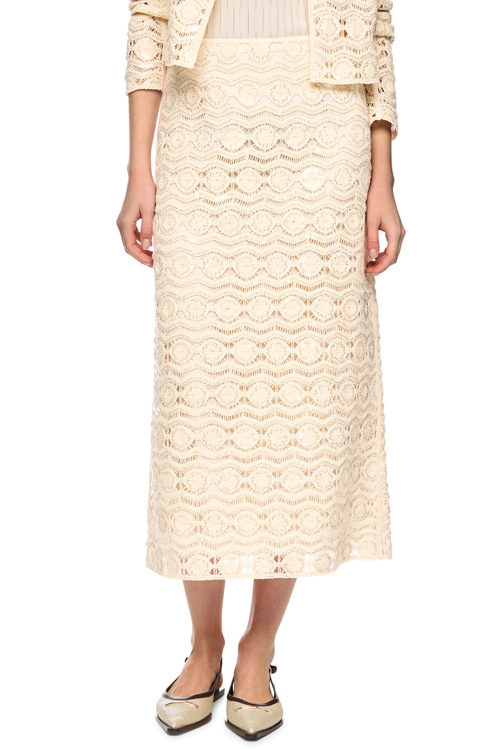Marc Cain Collections AC 71.29 W74 112 Bright Ecru Openwork Midi Skirt