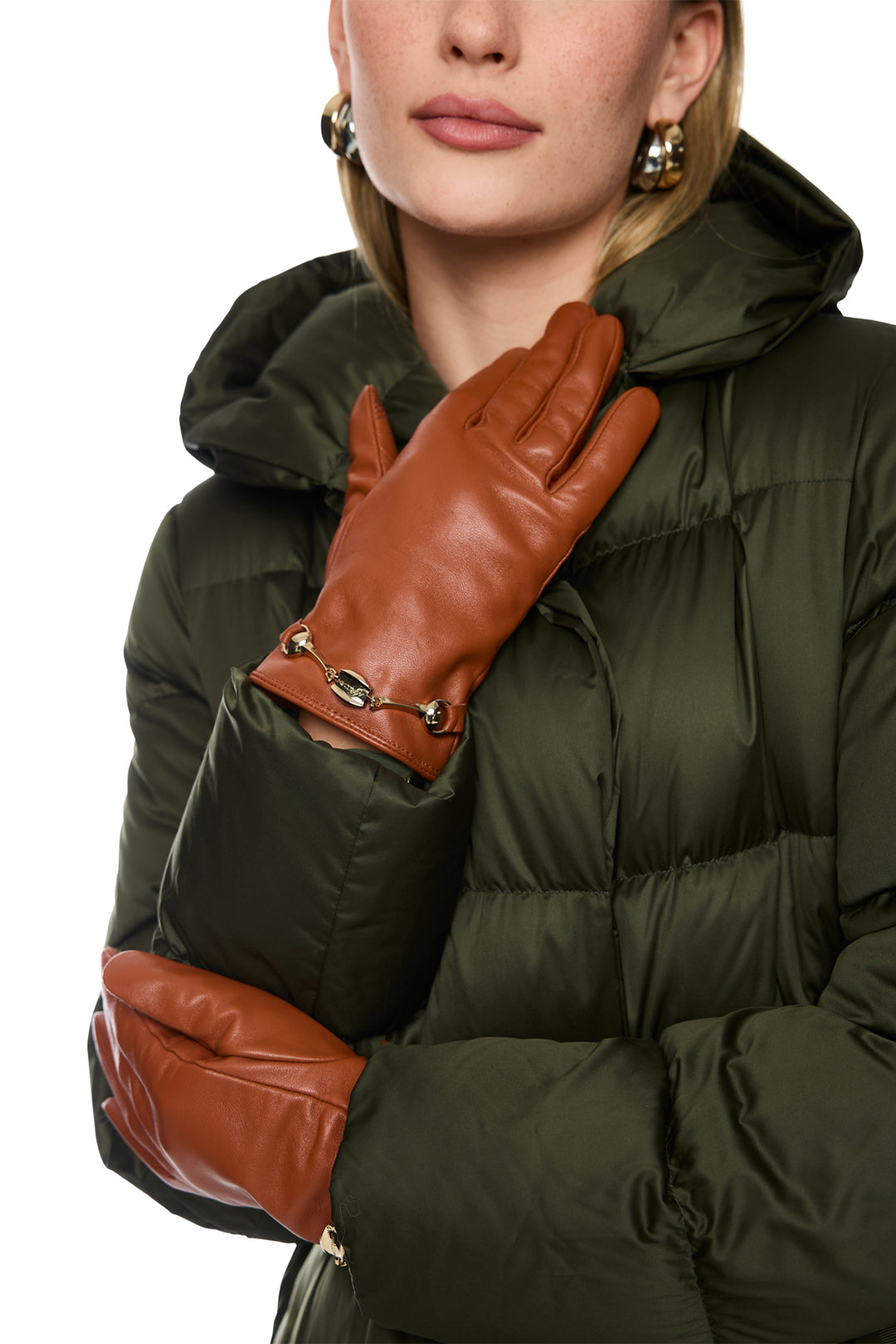 Marc Cain Collections Brown Leather Gloves, worn on the hand