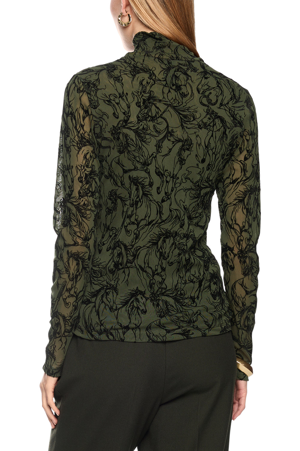 Marc Cain Collections Forest Night Green Horse Print Jersey Top, back view