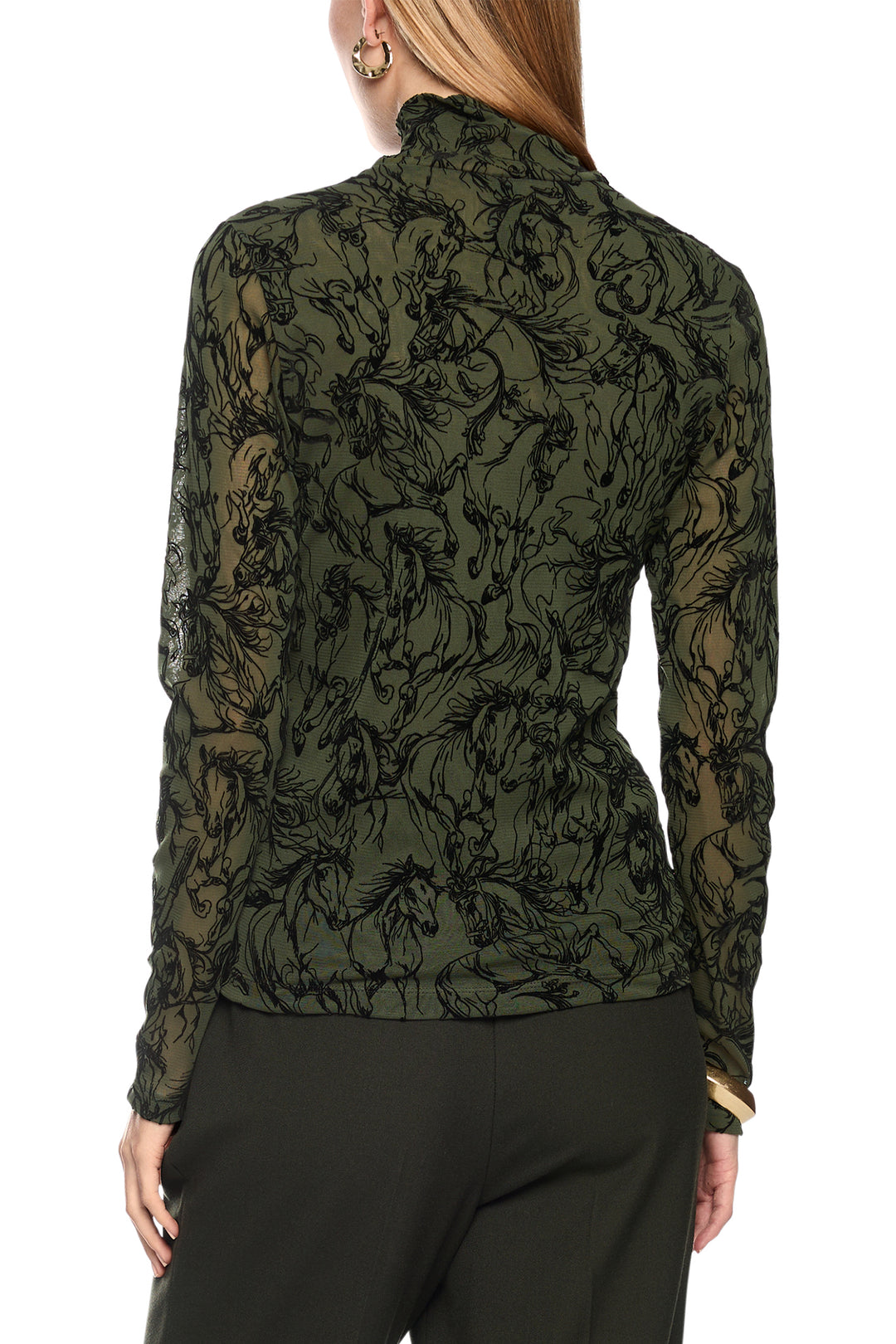 Marc Cain Collections Forest Night Green Horse Print Jersey Top, back view