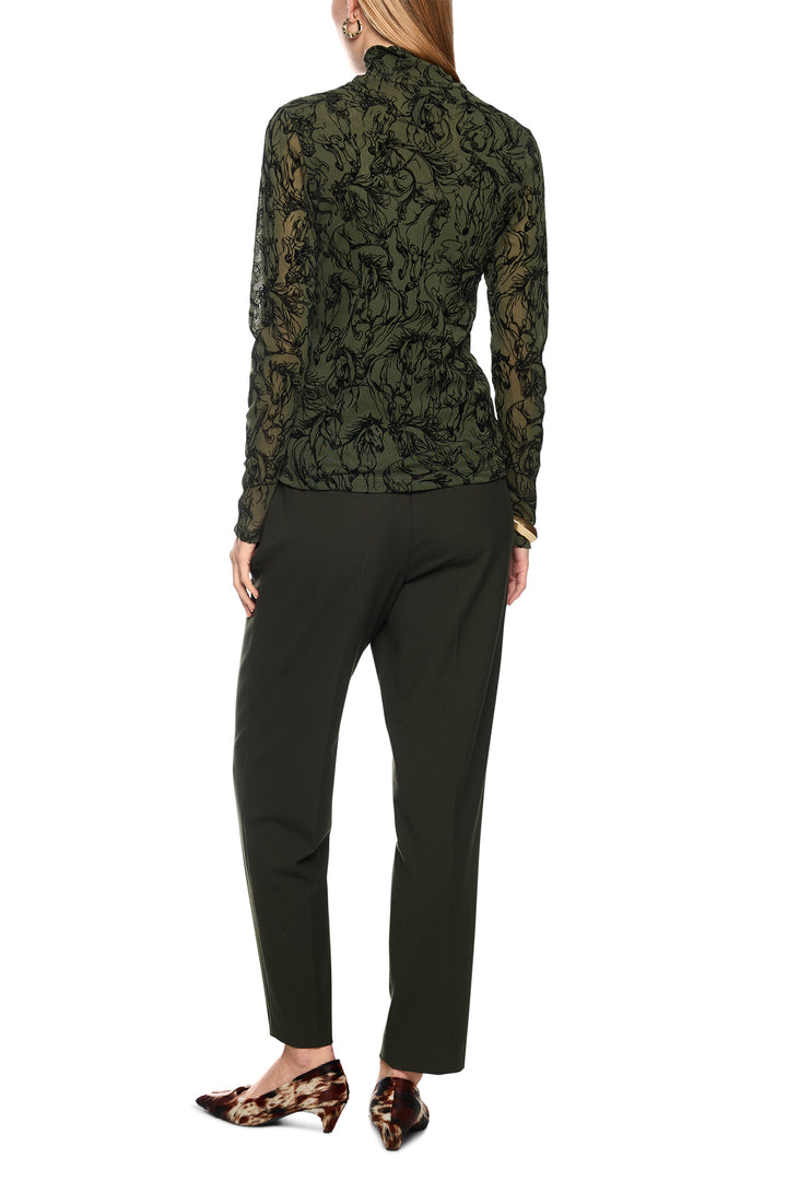 Marc Cain Collections Forest Night Green Horse Print Jersey Top, full length back view