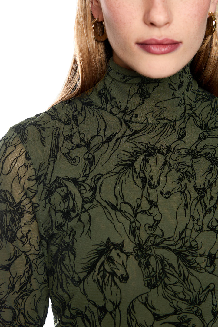 Marc Cain Collections Forest Night Green Horse Print Jersey Top, neckline detail