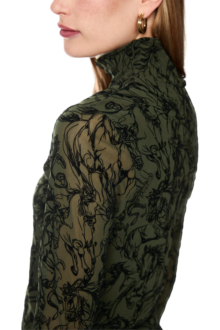 Marc Cain Collections Forest Night Green Horse Print Jersey Top, flock print detail