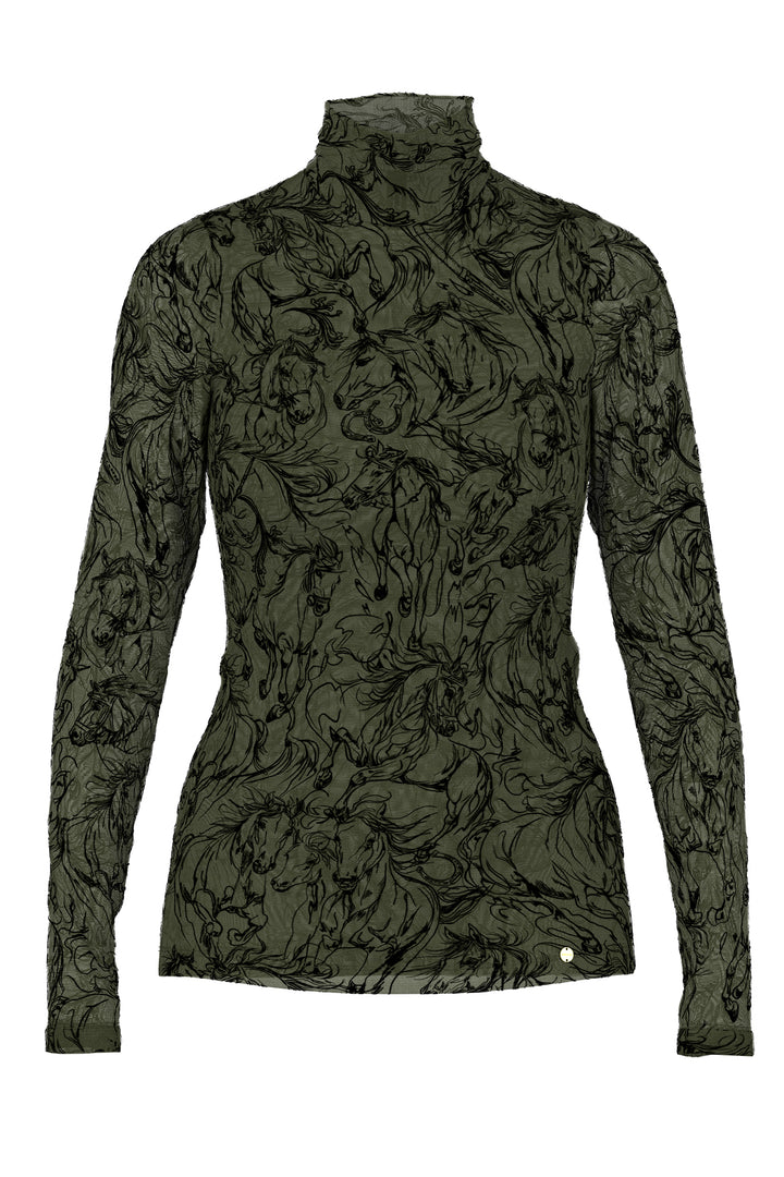 Marc Cain Collections Forest Night Green Horse Print Jersey Top, product shot