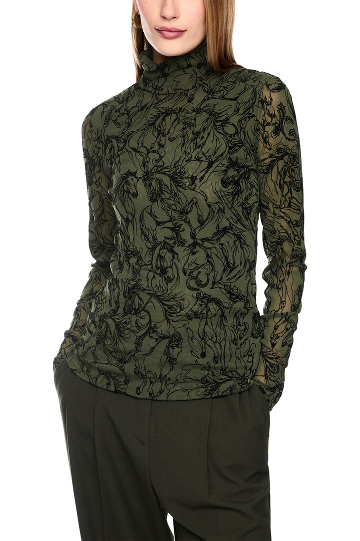 Marc Cain Collections Forest Night Green Horse Print Jersey Top, front view