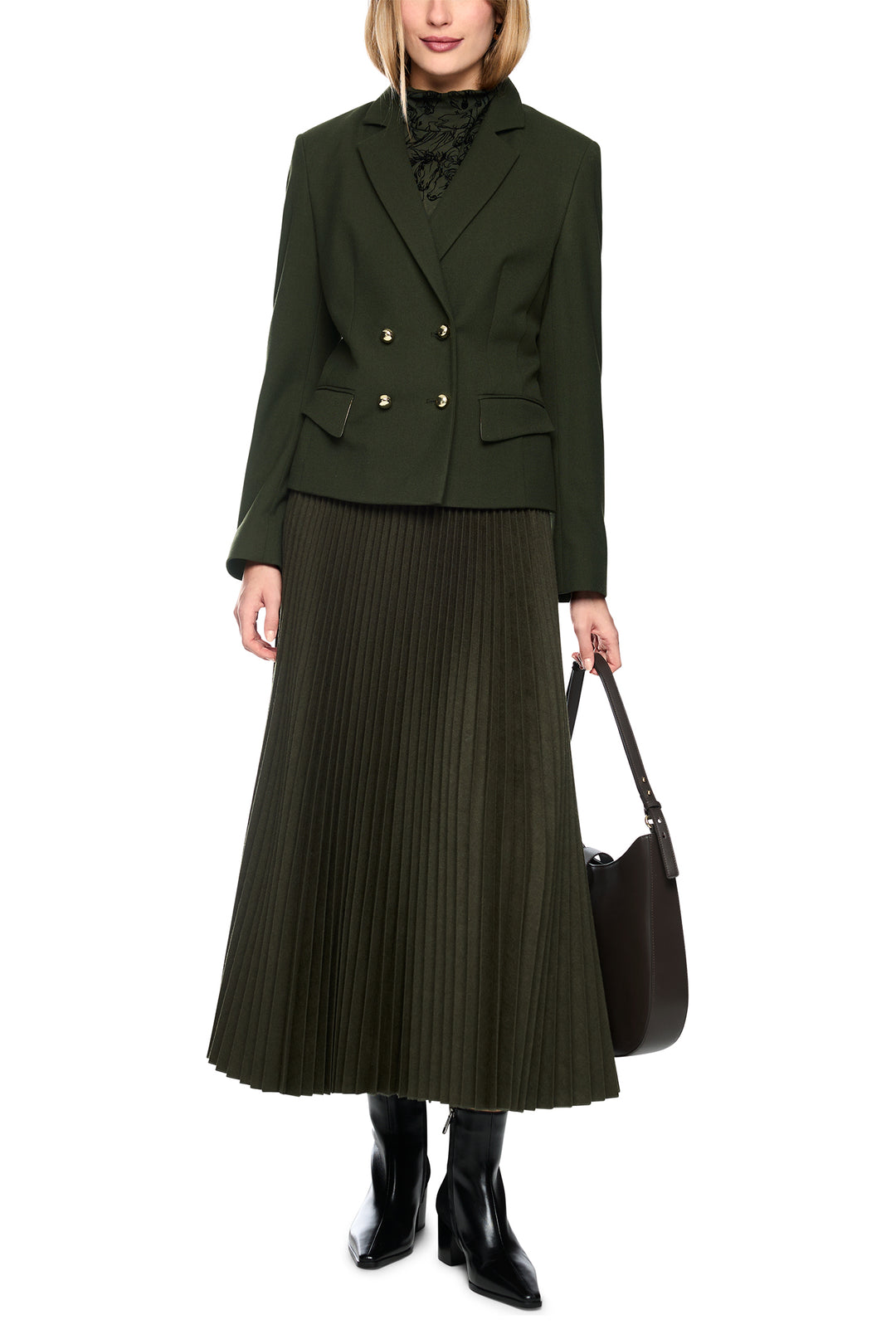 Marc Cain Collections Forest Night Green Woven Jacket, full length front view