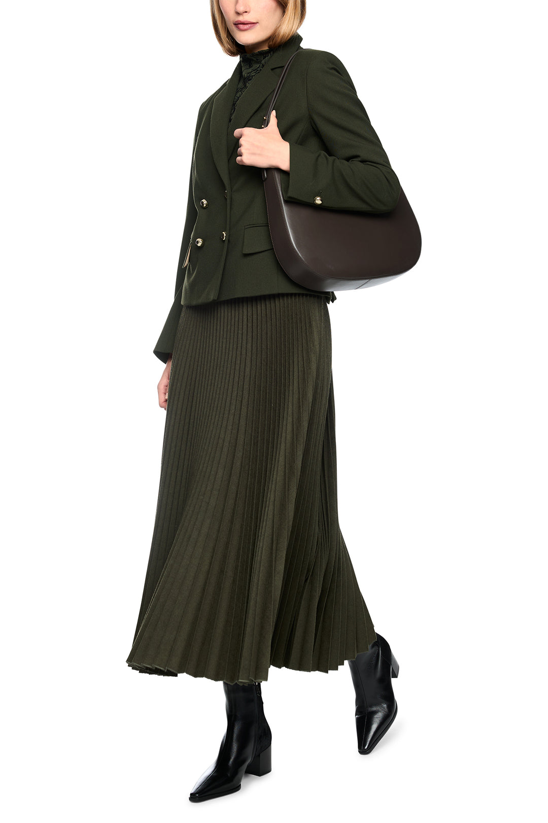 Marc Cain Collections Forest Night Green Woven Jacket, full length front view, in motion