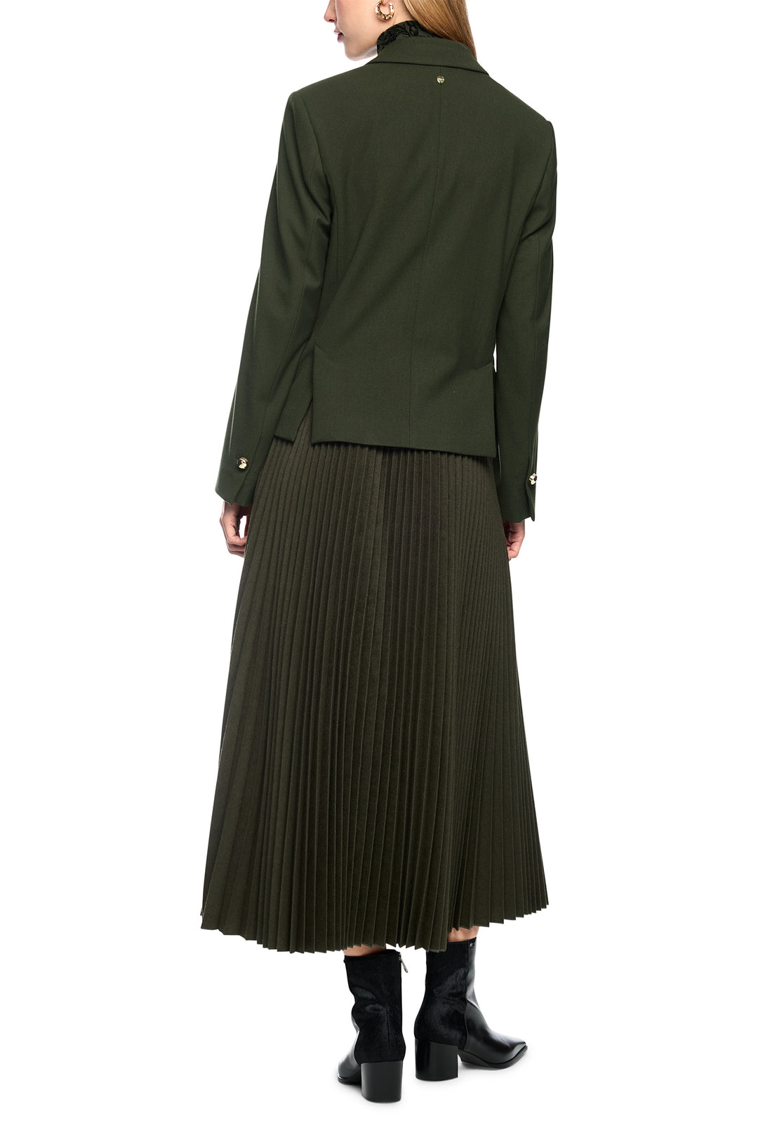Marc Cain Collections Forest Night Green Woven Jacket, full length back view