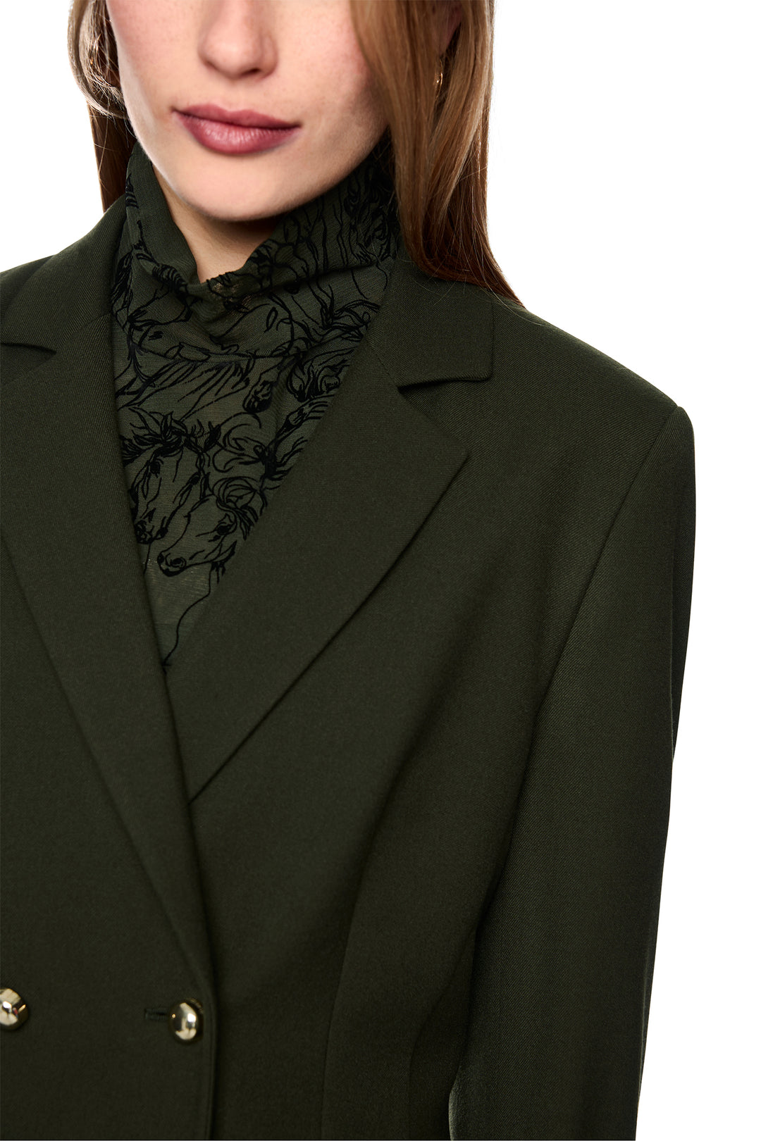 Marc Cain Collections Forest Night Green Woven Jacket, lapel detail