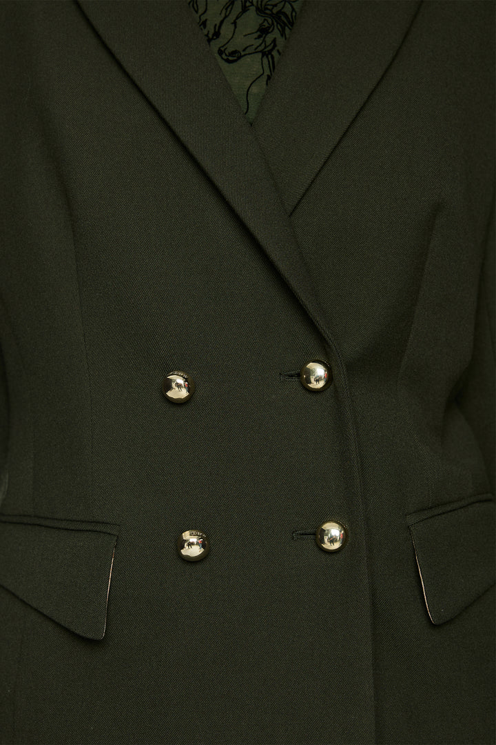 Marc Cain Collections Forest Night Green Woven Jacket, button detail