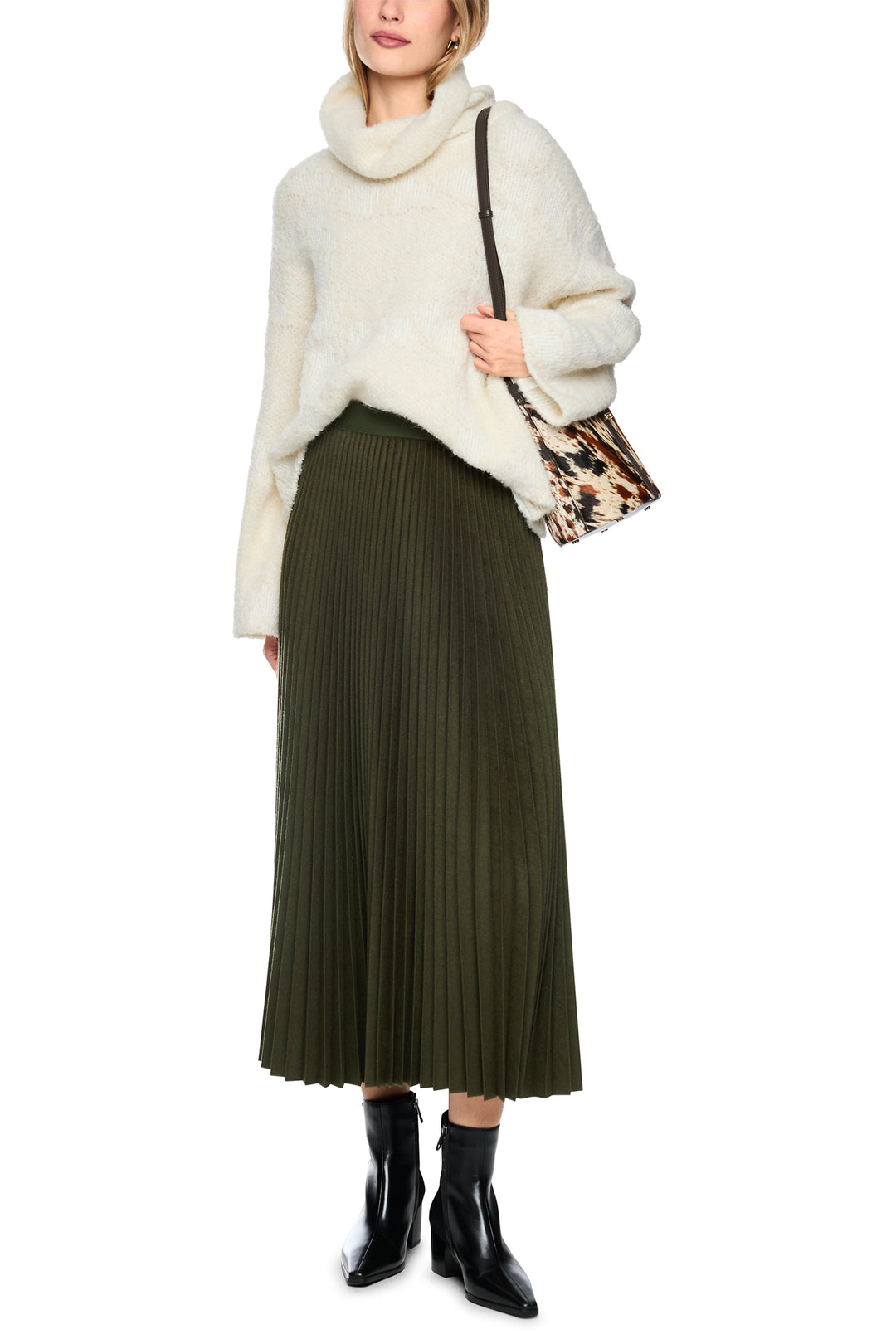 Marc Cain Collections Forest Night Green Woven Skirt, full length front view, styled