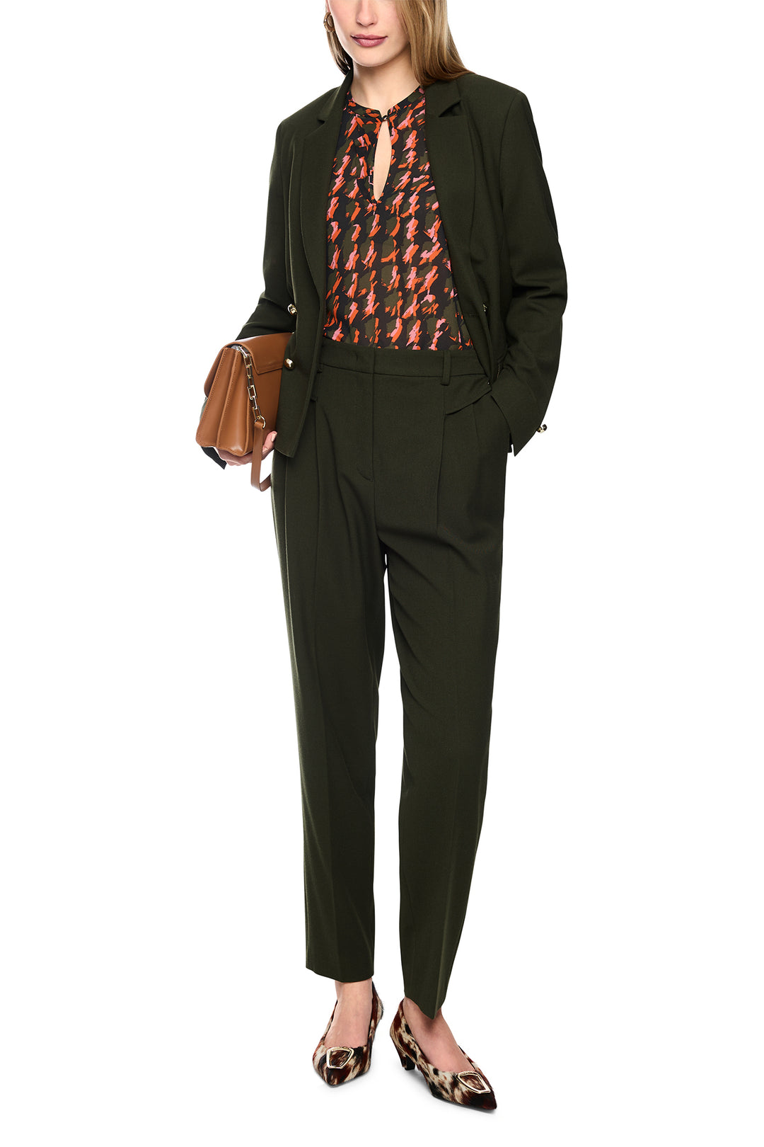 Marc Cain Collections Forest Night Green Woven Trousers, full length front view