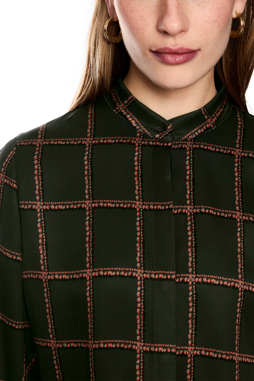 Marc Cain Collections Houndcheck Green Woven Blouse, collar detail