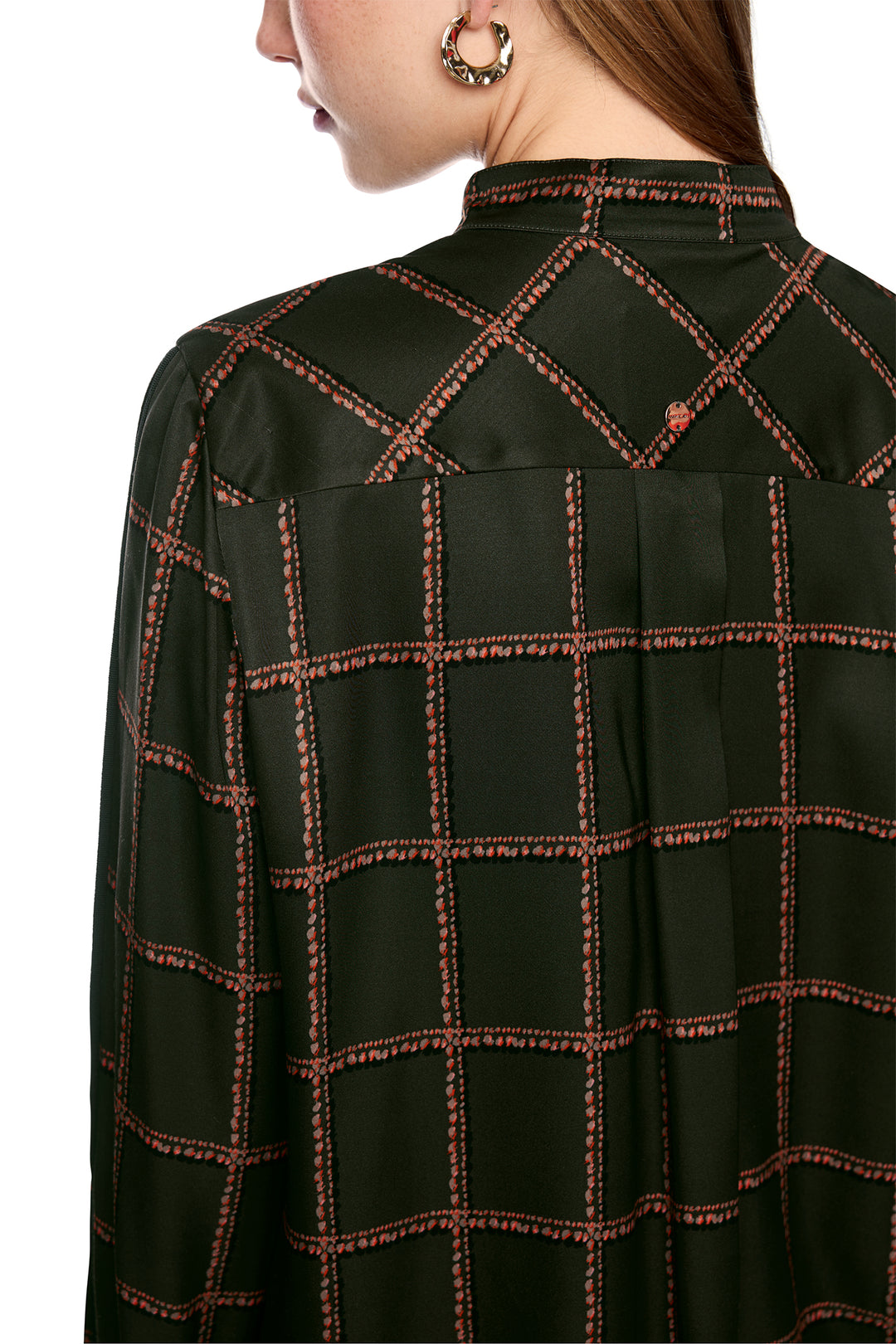 Marc Cain Collections Houndcheck Green Woven Blouse, yoke detail