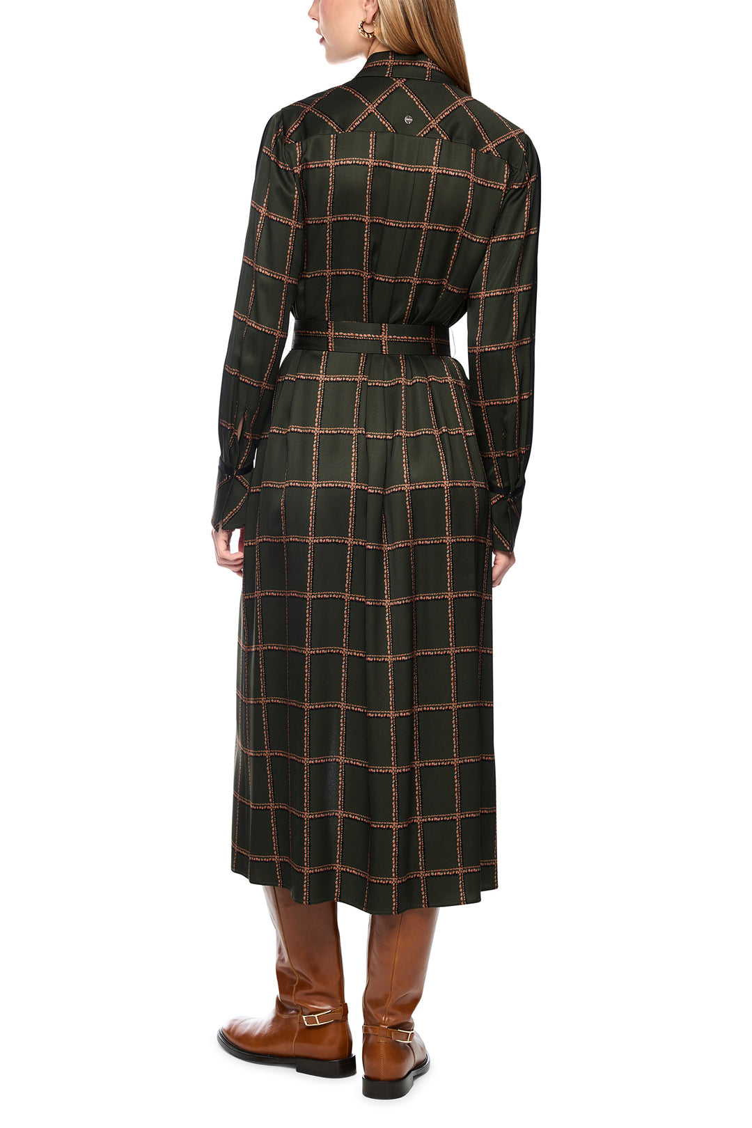 Marc Cain Collections Houndcheck Green Woven Dress, full length back view