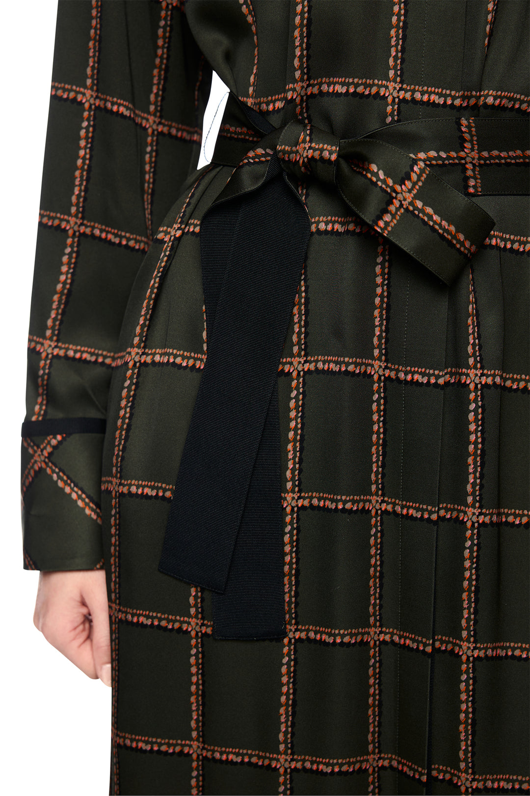 Marc Cain Collections Houndcheck Green Woven Dress, tie belt detail