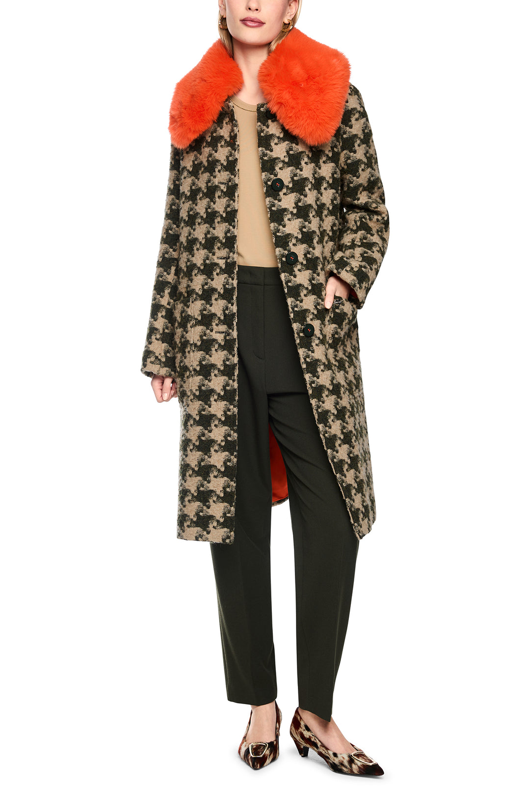 Marc Cain Collections Houndcheck Multicolour Woven Coat, full length front view, worn open