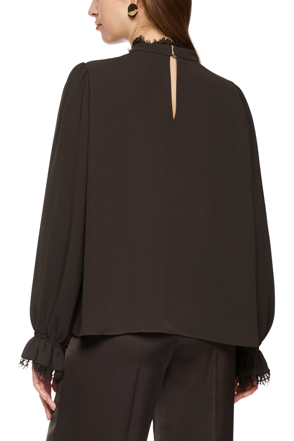 Marc Cain Collections seal brown lace trim blouse at Olivia Grace Fashion