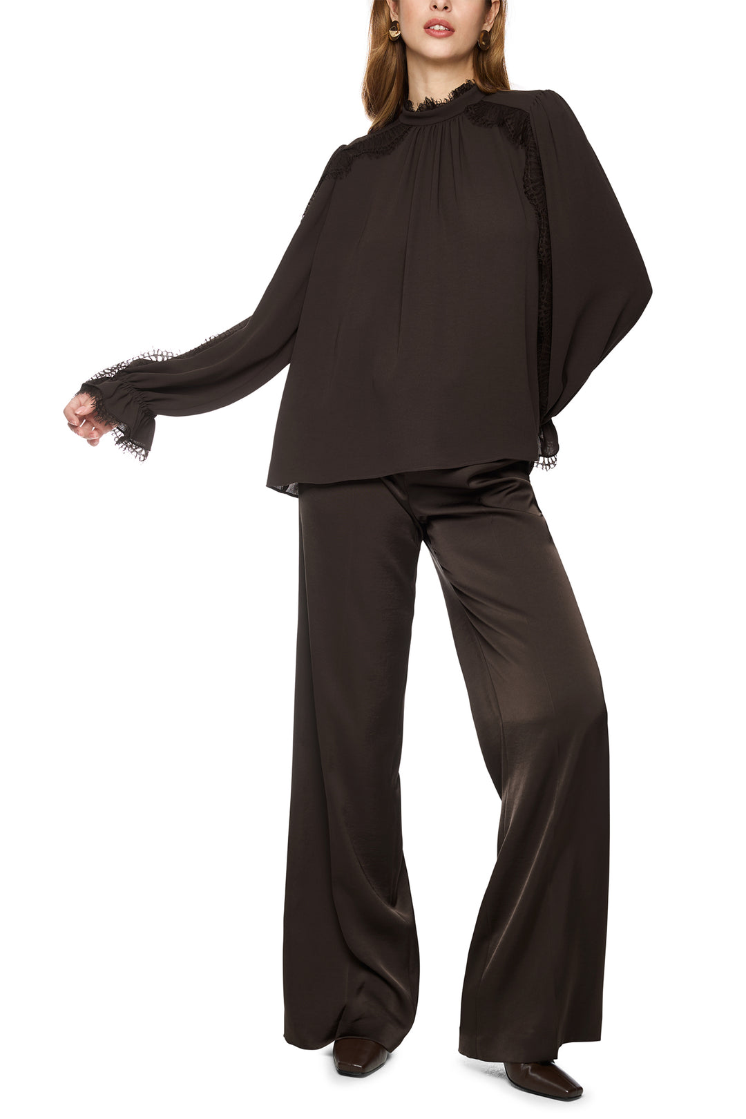 Marc Cain Collections seal brown lace trim blouse at Olivia Grace Fashion