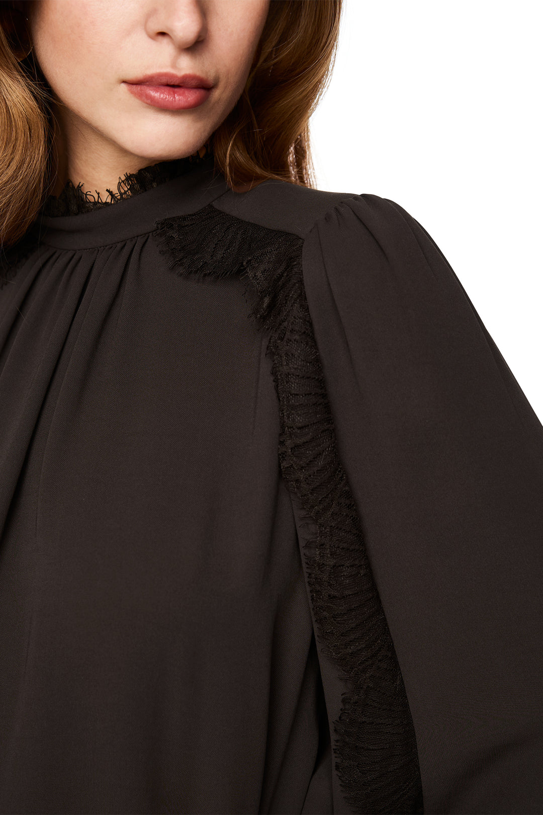 Marc Cain Collections seal brown lace trim blouse at Olivia Grace Fashion