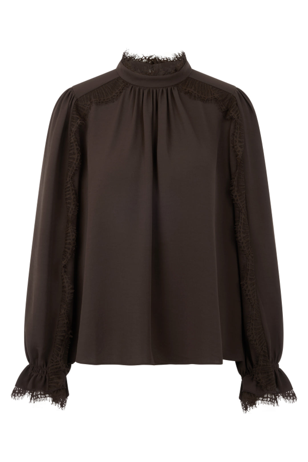 Marc Cain Collections seal brown lace trim blouse at Olivia Grace Fashion