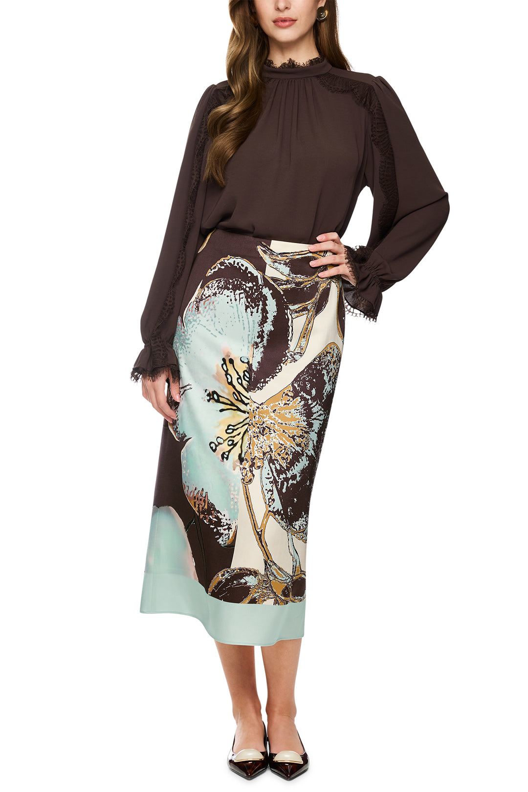 Marc Cain Collections silt green floral midi skirt at Olivia Grace Fashion