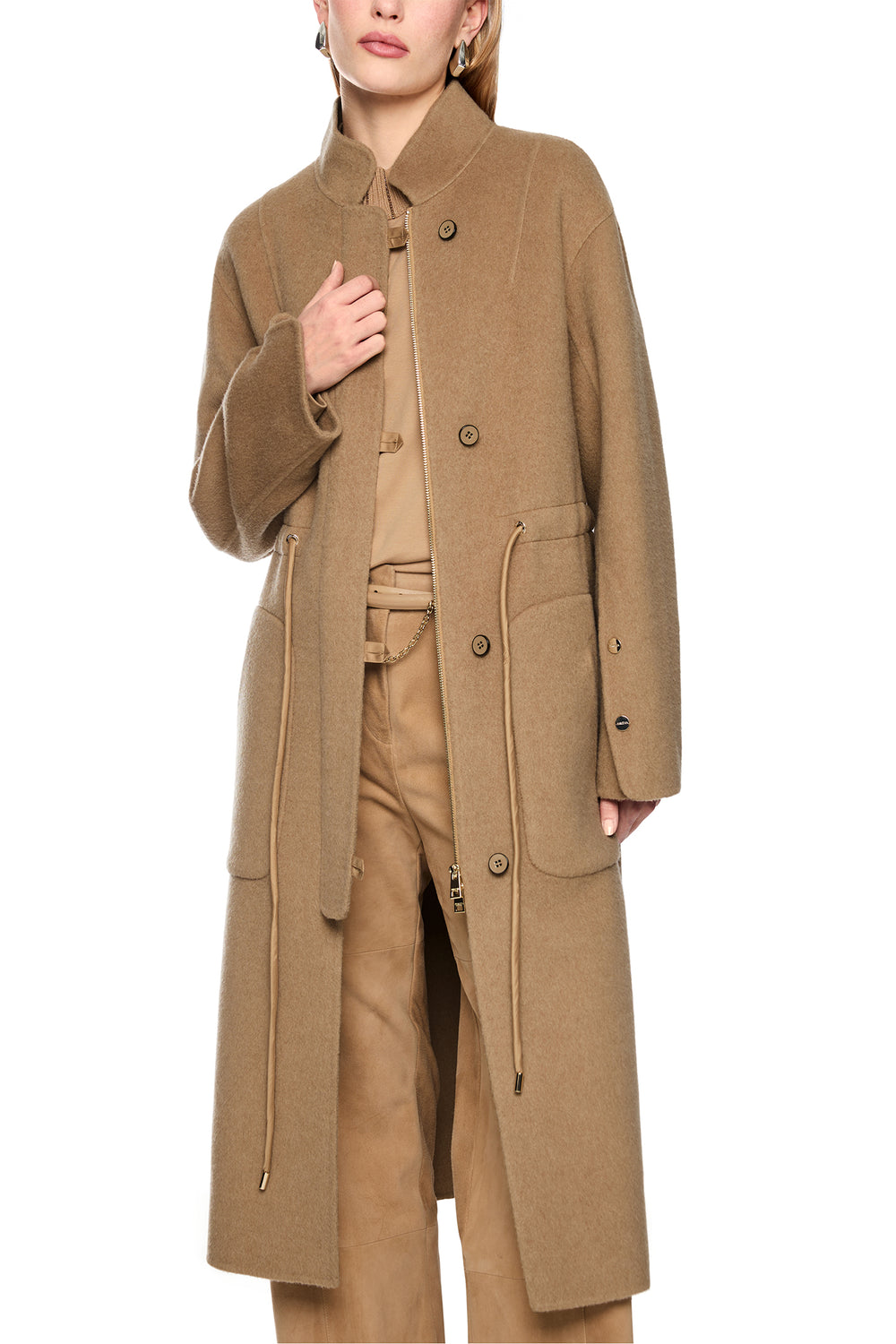 Marc Cain Collections Tannin Brown Woven Coat, front view, worn open