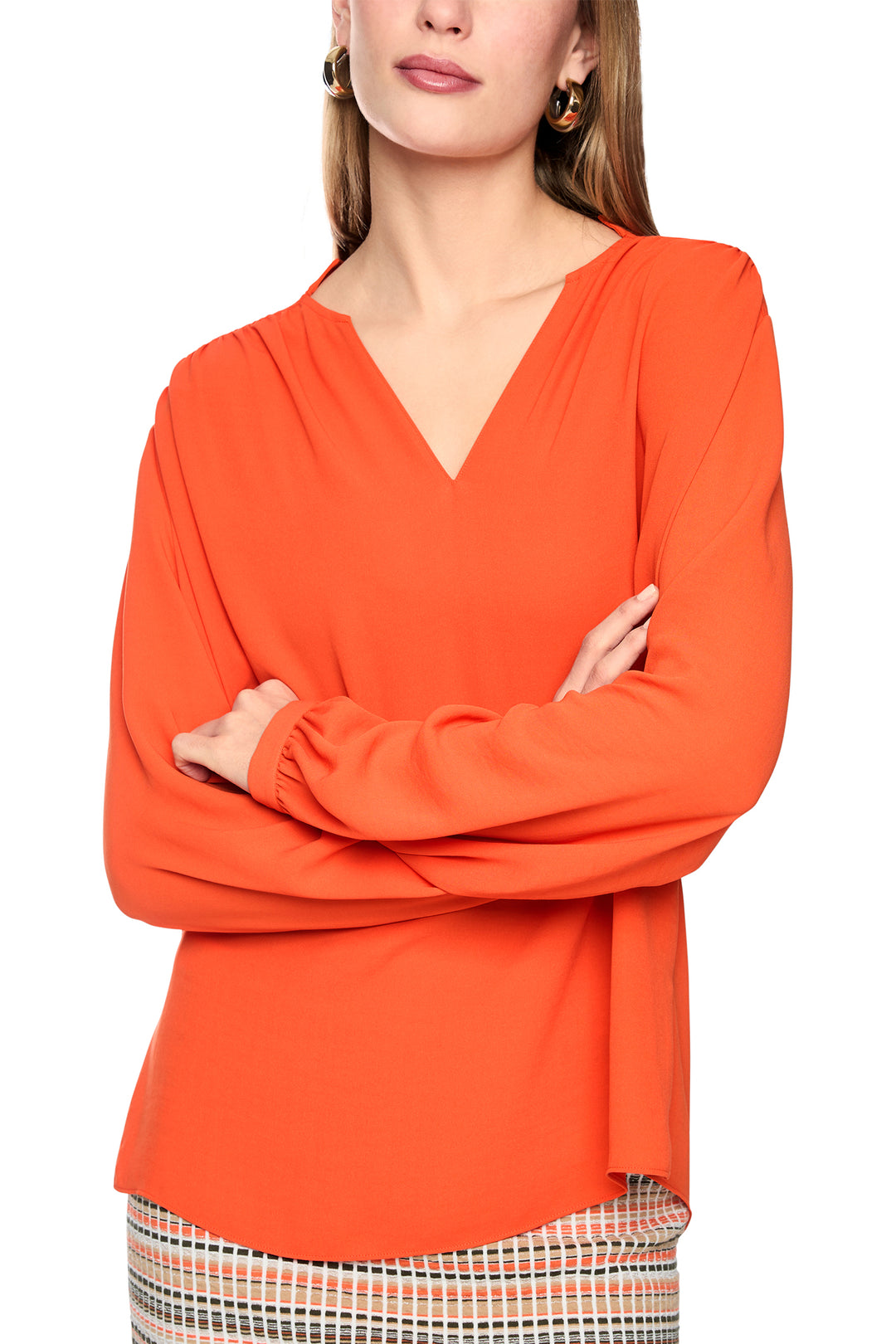 Marc Cain Collections Tigerlily Orange Woven Blouse, front view, arms crossed