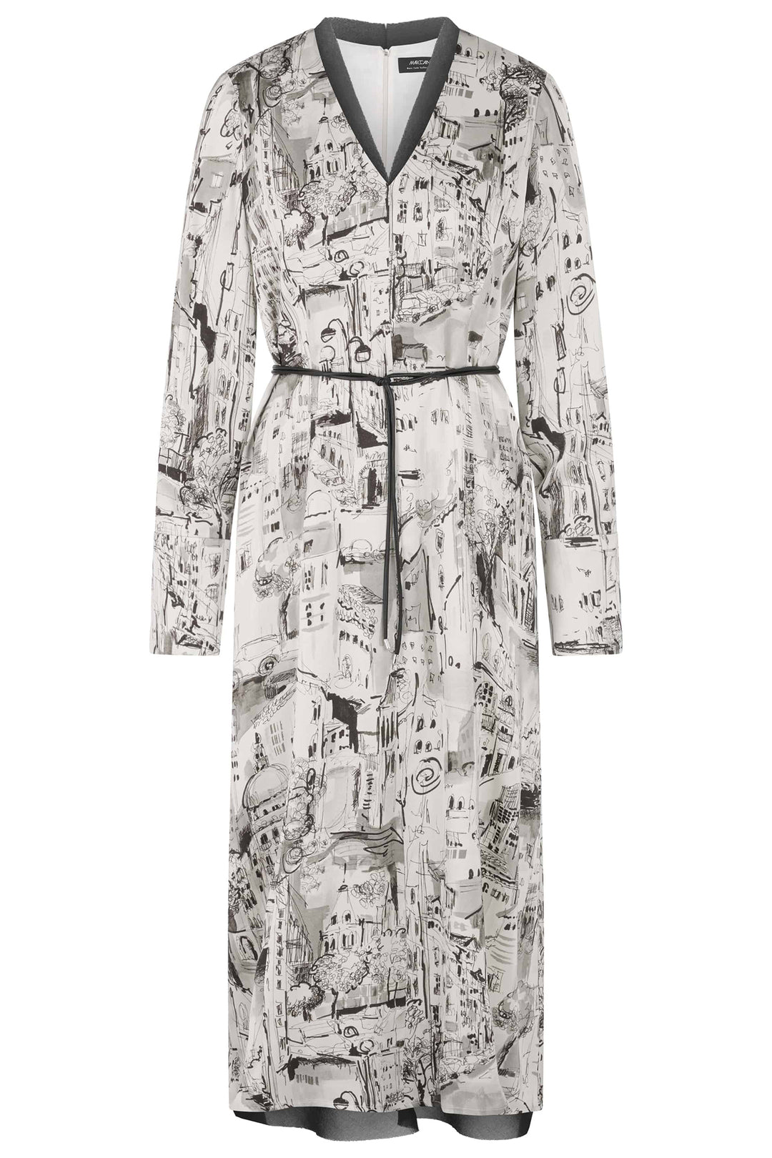 Long dress with newspaper print on a white background