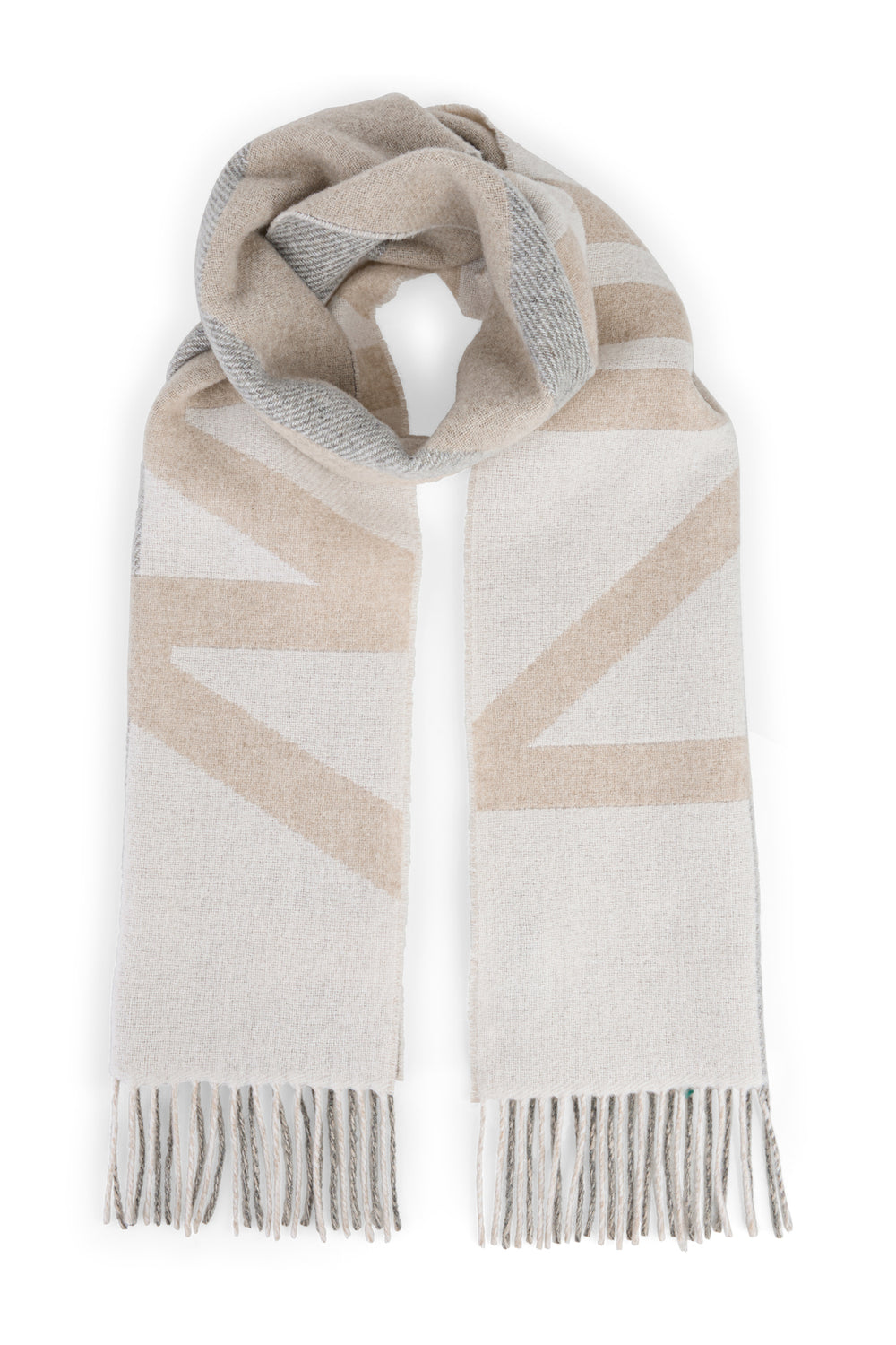 Beige and white striped scarf with geometric pattern on a white background