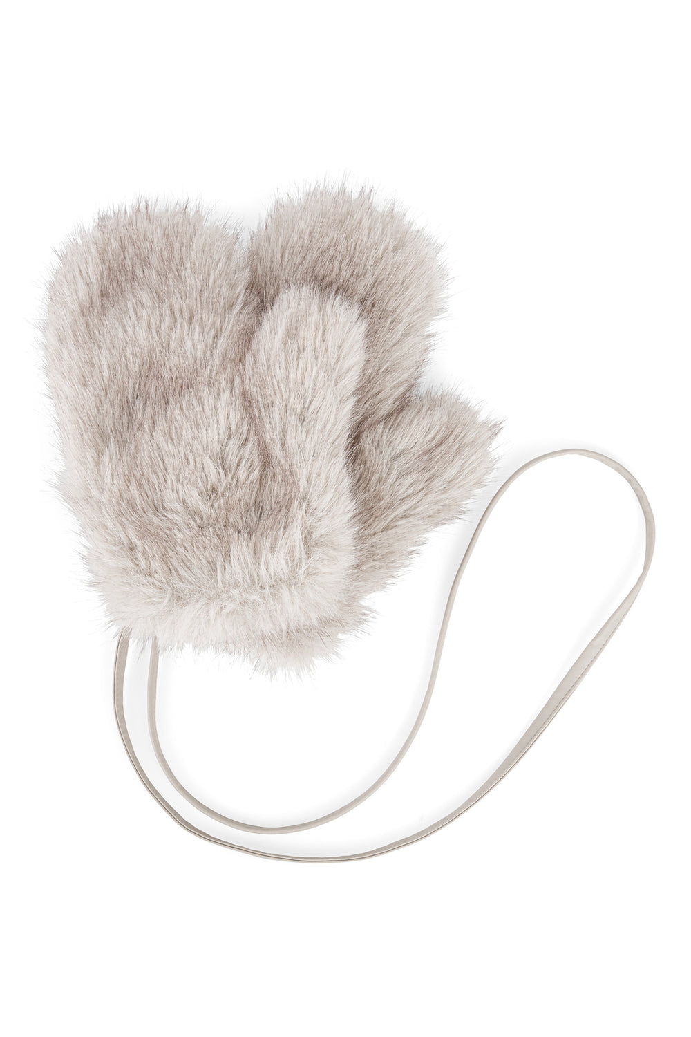 Furry mittens with a strap on a white background
