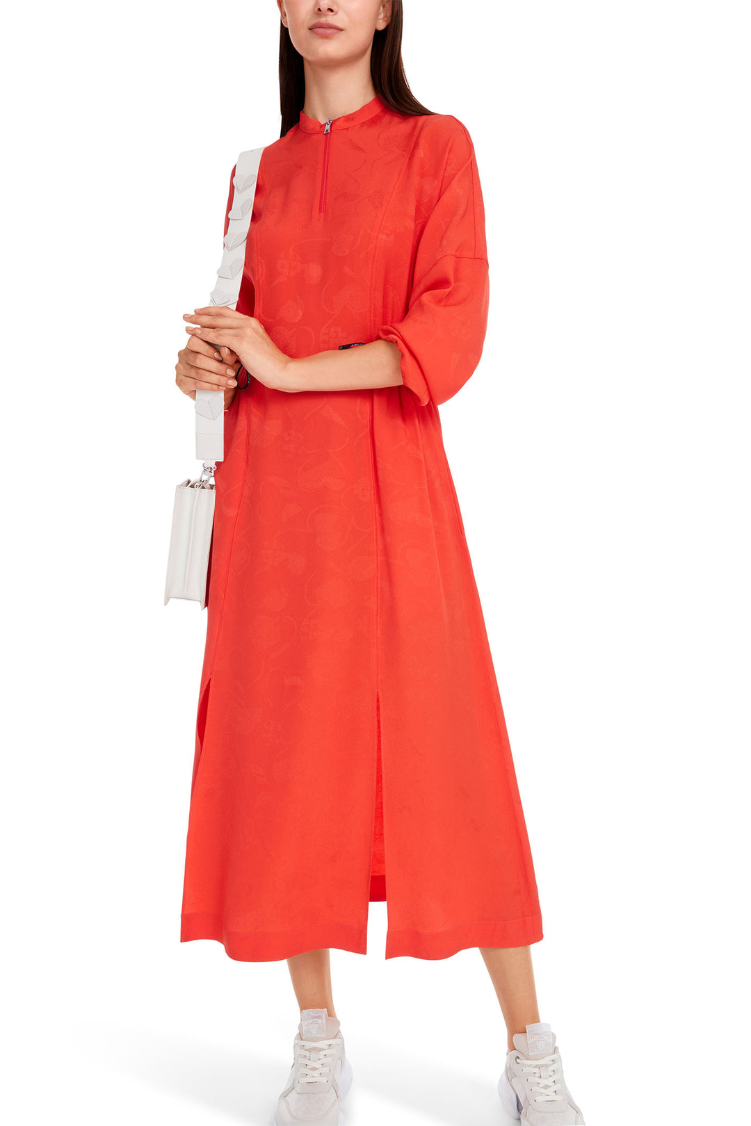 marc cain red dress Marc Cain Flame Red Unicolour long dress with ruffled hem