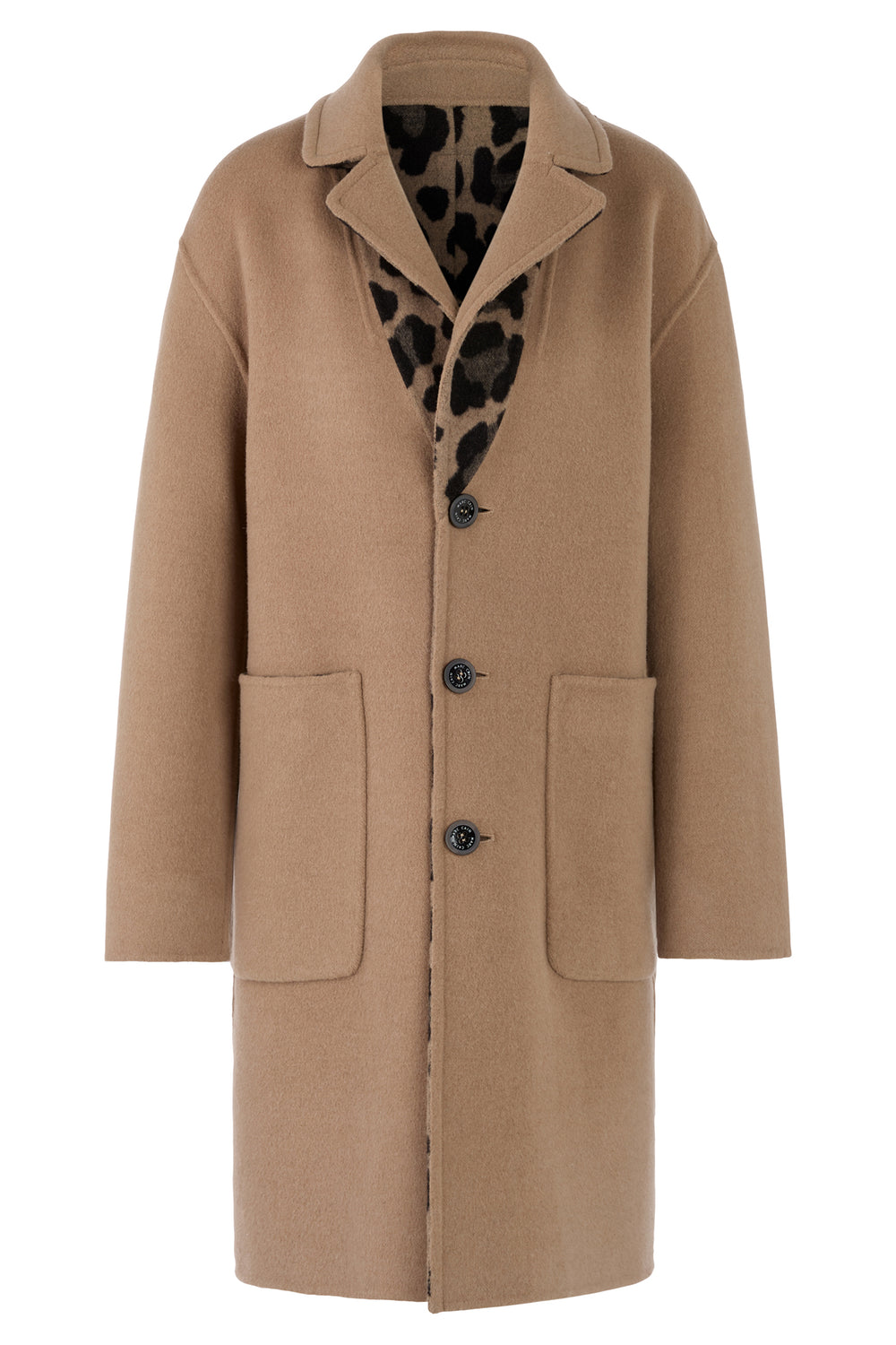 Beige coat with leopard print lining on a white background