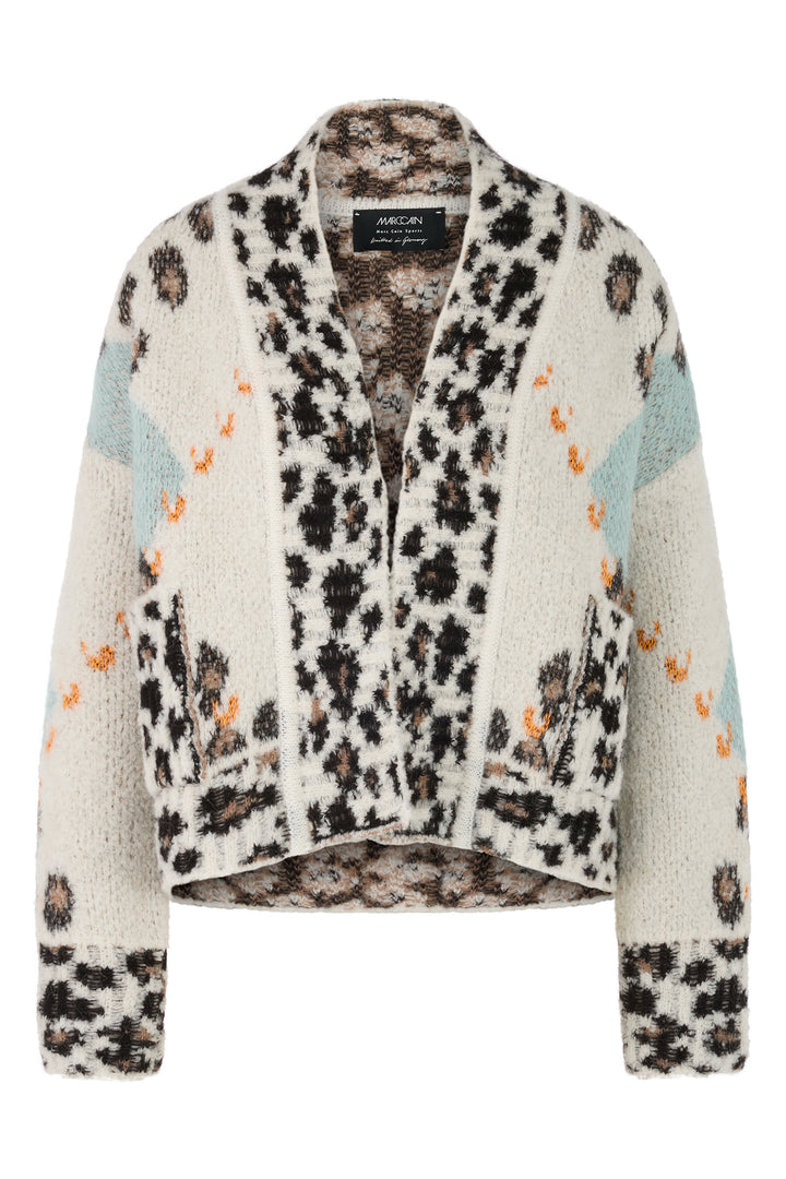 Cardigan with floral and leopard print pattern on a white background