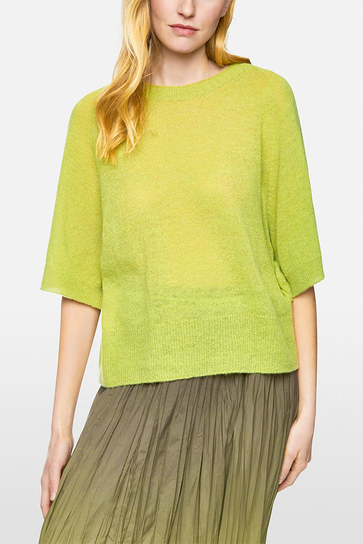 Woman wearing a green sweater and pleated skirt on a white background