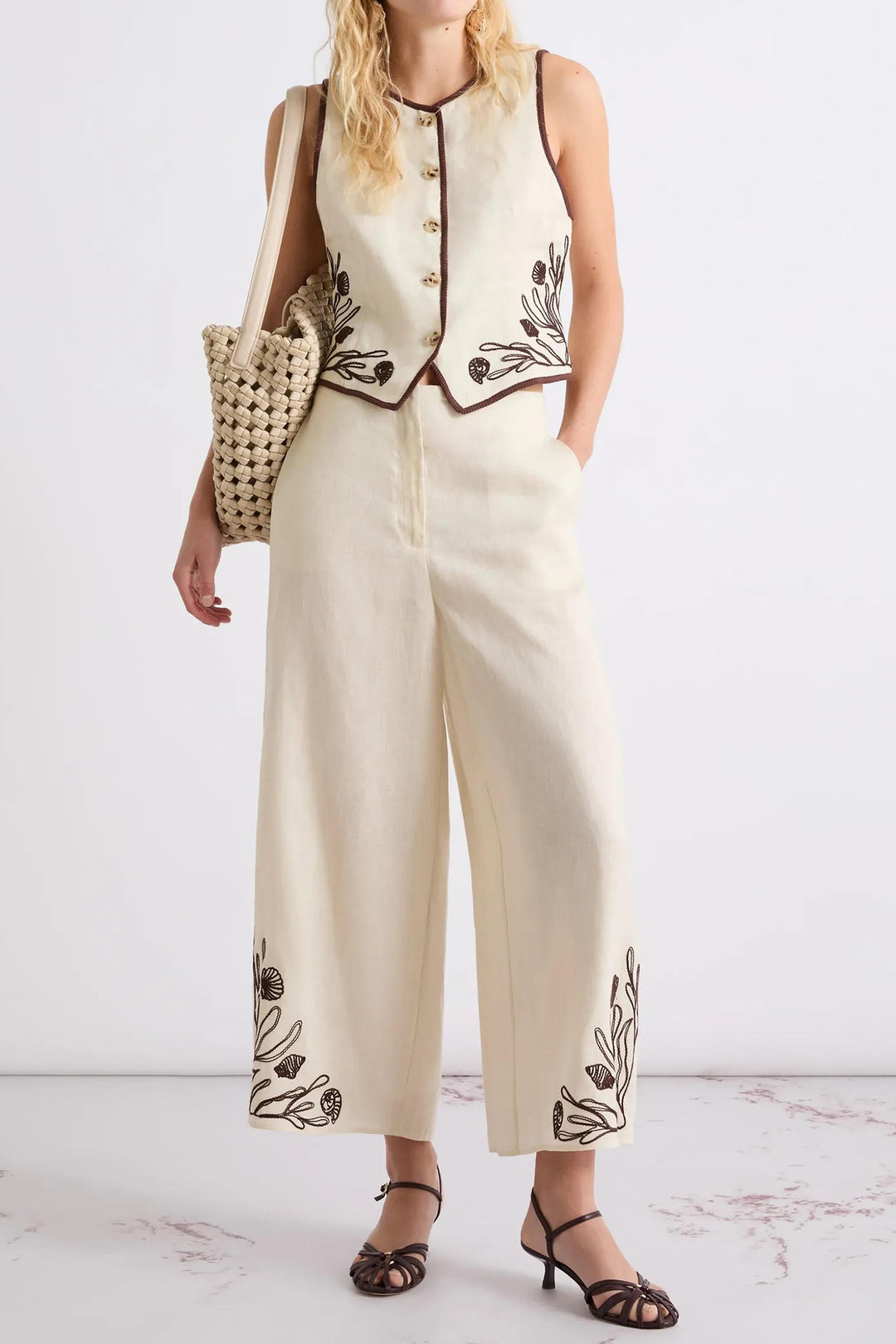 Marella Aerovia Cream Embroidered Linen Waistcoat 2613151012200