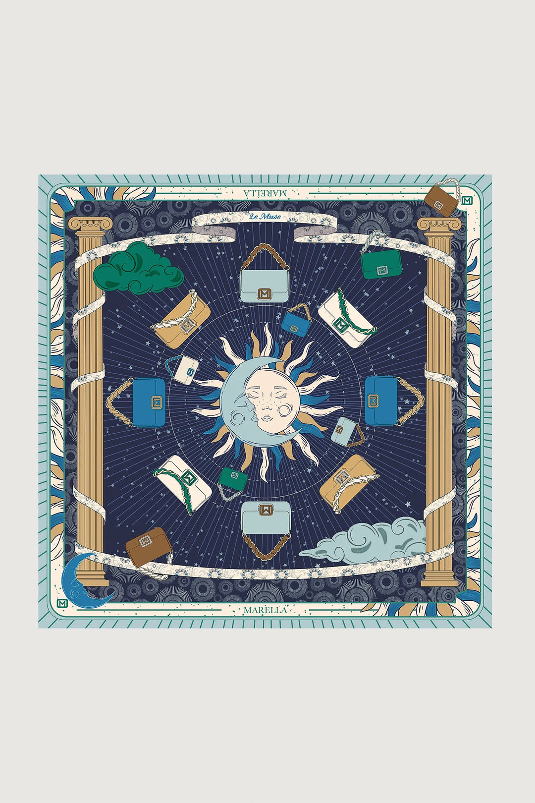 Decorative scarf with sun, moon, and clouds design on a blue background