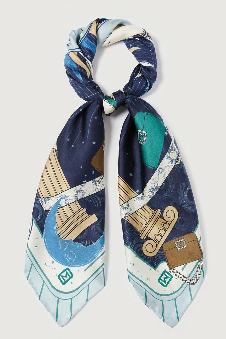 Navy blue scarf with architectural design on a light gray background