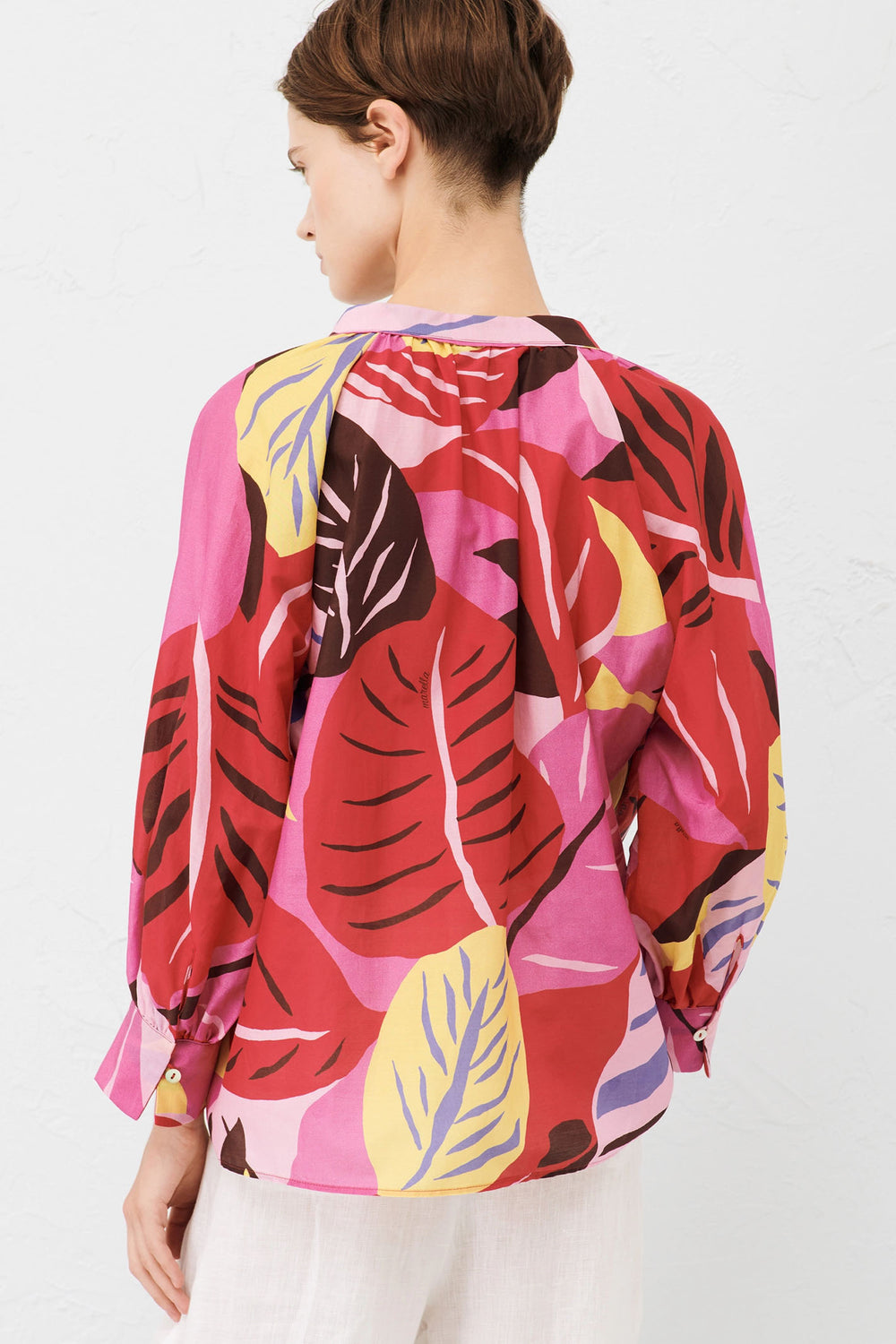 Marella Belfast 2413111204200 Fuchsia Pink Print Silk Mix Collarless Shirt - Olivia Grace Fashion