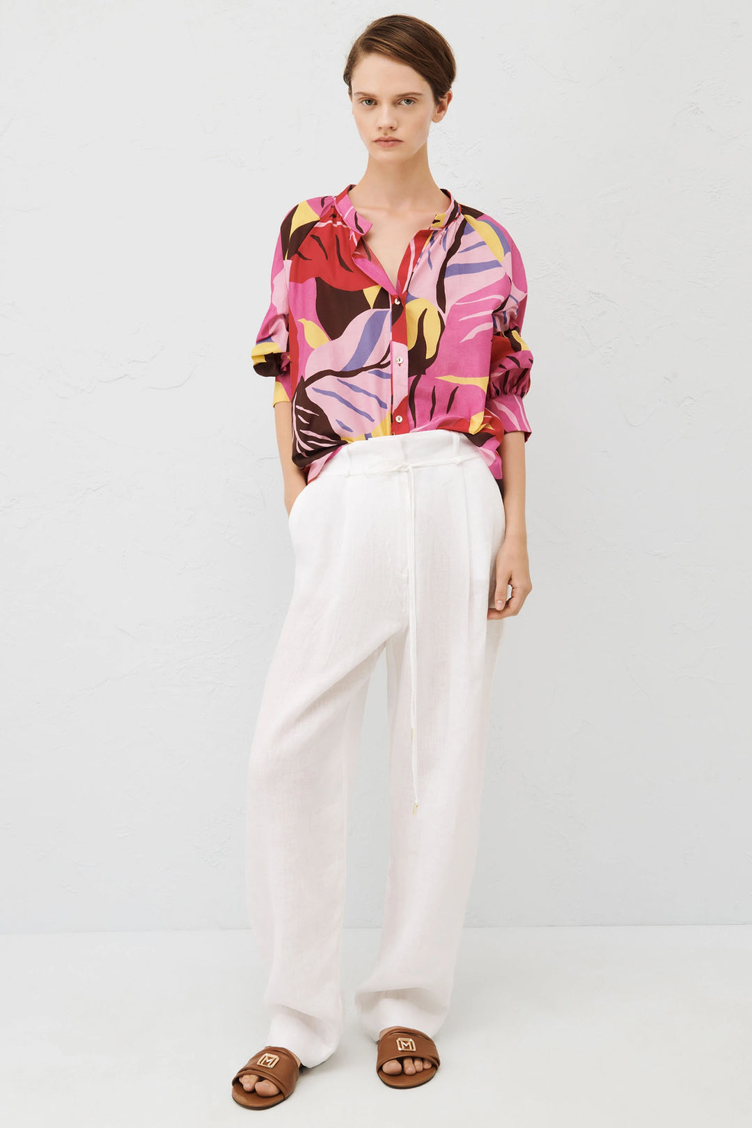 Marella Belfast 2413111204200 Fuchsia Pink Print Silk Mix Collarless Shirt - Olivia Grace Fashion