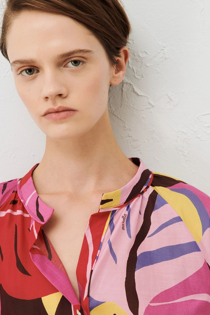 Marella Belfast 2413111204200 Fuchsia Pink Print Silk Mix Collarless Shirt - Olivia Grace Fashion