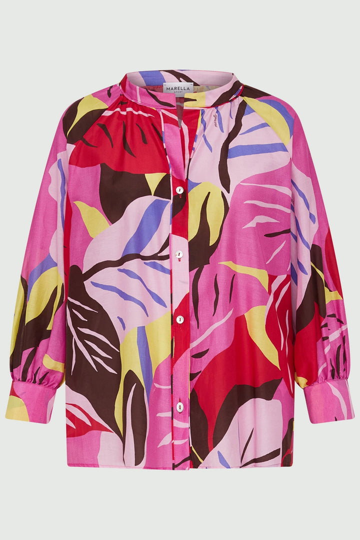 Marella Belfast 2413111204200 Fuchsia Pink Print Silk Mix Collarless Shirt - Olivia Grace Fashion