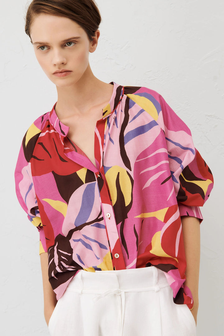 Marella Belfast 2413111204200 Fuchsia Pink Print Silk Mix Collarless Shirt - Olivia Grace Fashion