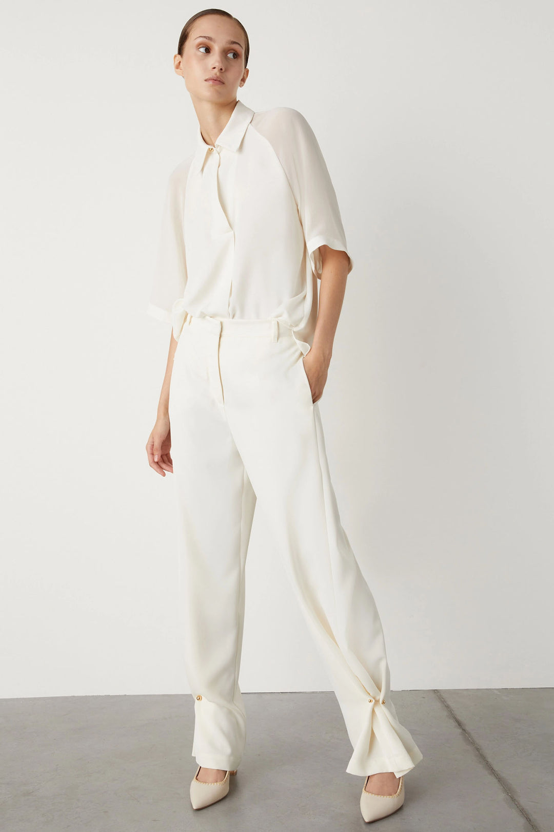 Marella Cerbero 2413111053200 Art.365 Wool White Cream Satin Blouse - Olivia Grace Fashion